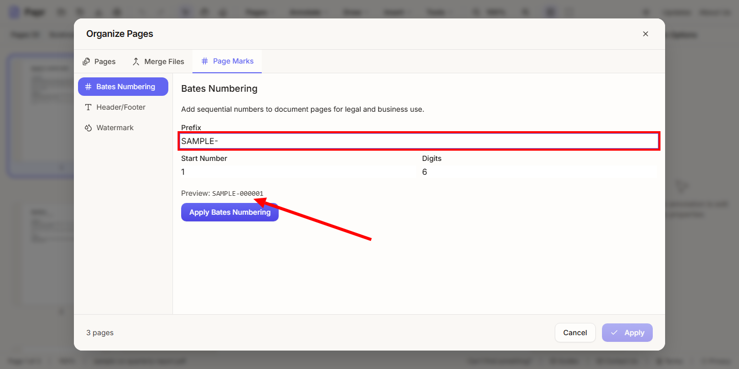 The Bates Numbering settings with the prefix SAMPLE- typed in. The preview shows SAMPLE-000001.