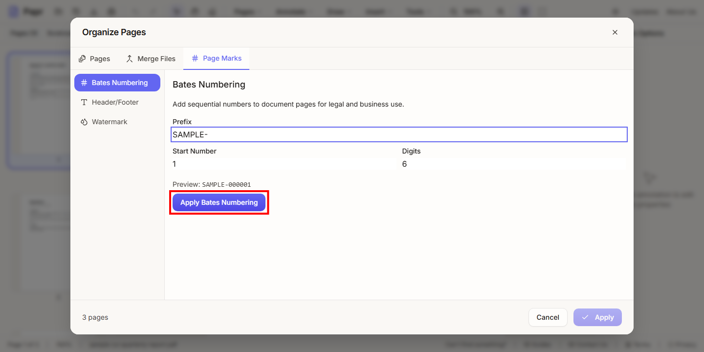 The Bates Numbering panel with the Apply Bates Numbering button outlined in red.