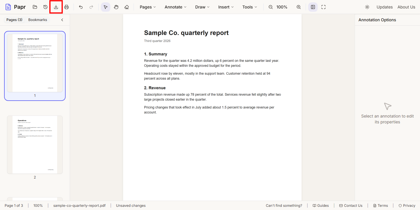 The editor after applying, with the Export button in the toolbar outlined in red.