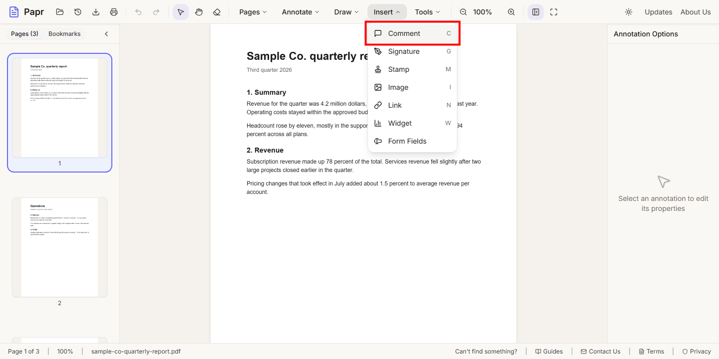The Insert menu open, with the Comment item outlined in red.