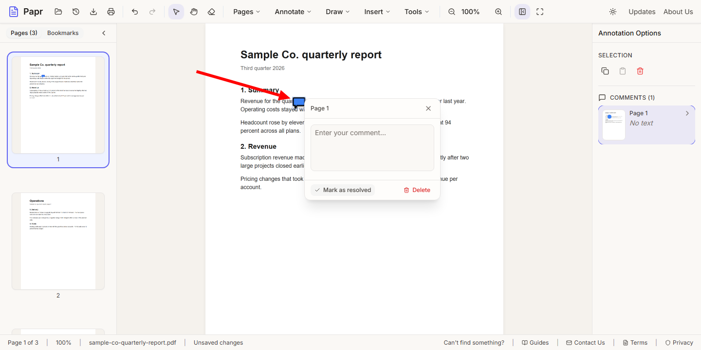 The new comment marker on the page, with an arrow pointing at it, and its note box open beside it.