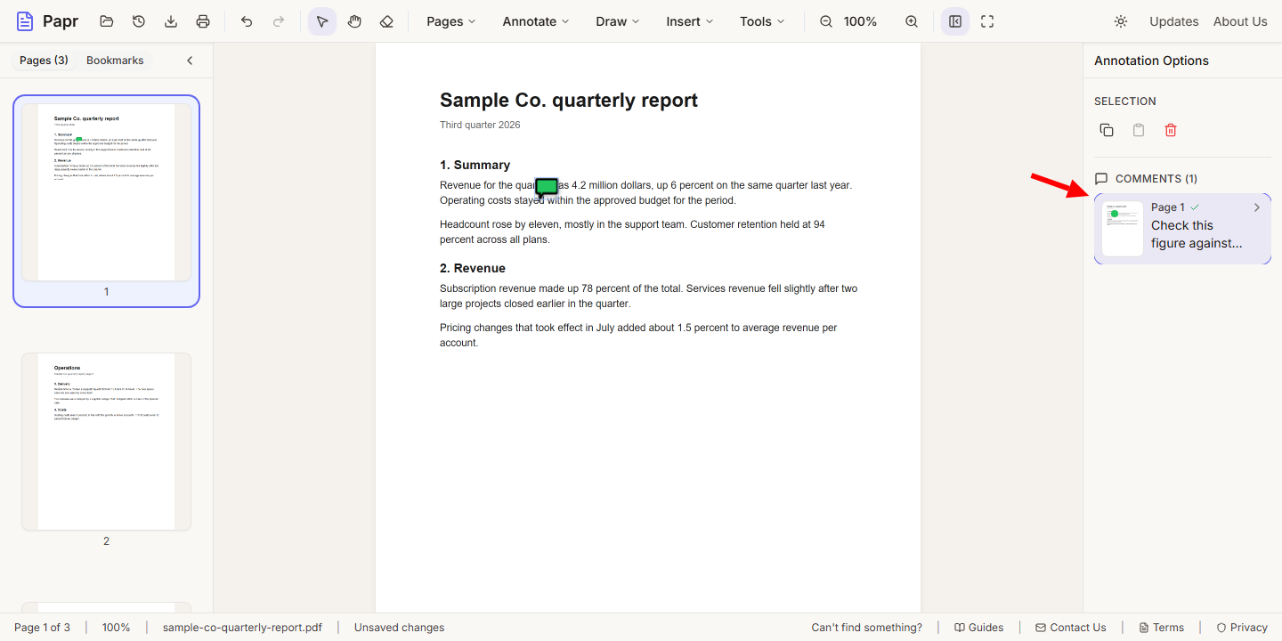 The Comments list with a resolved comment, shown with an arrow, and its green marker on the page.