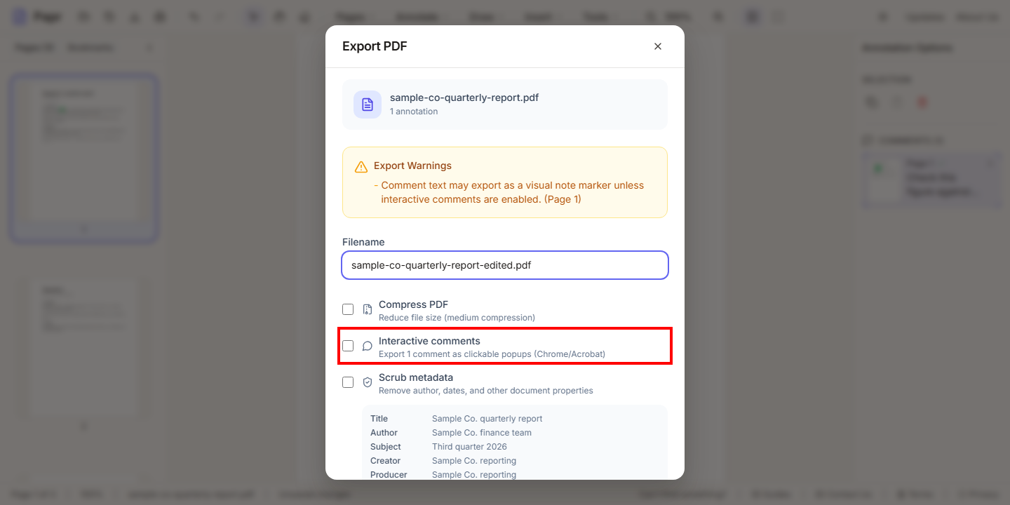 The Export PDF dialog with the Interactive comments option outlined in red.