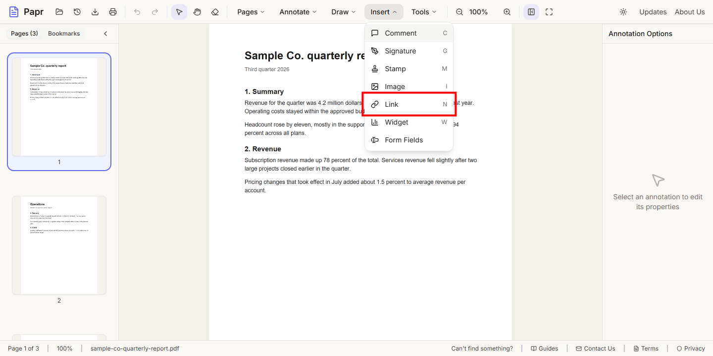 The Insert menu open, with the Link item outlined in red.