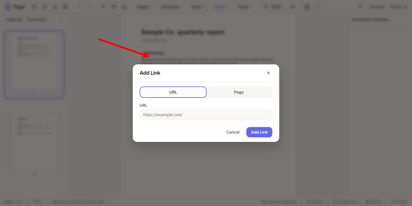 The Add Link dialog open over the page. An arrow points at the words that were selected.