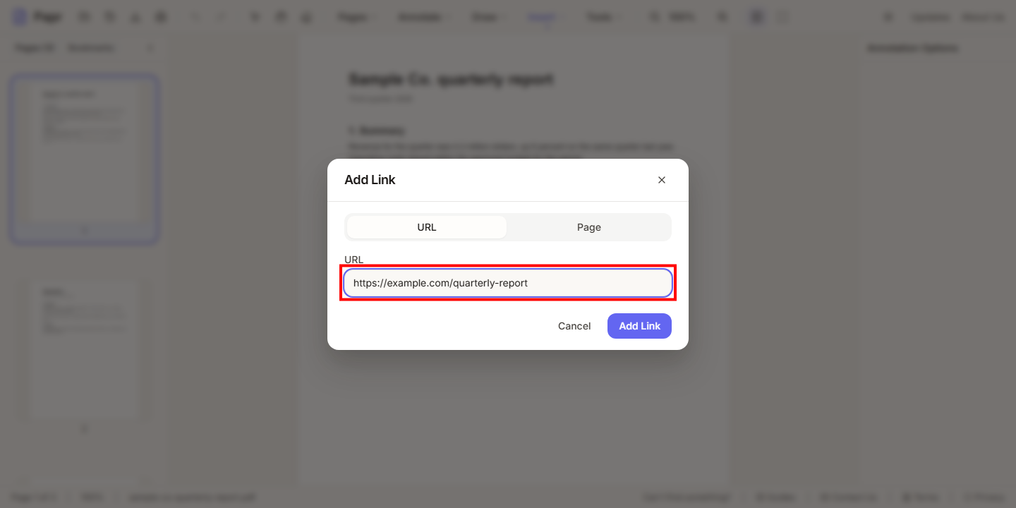 The Add Link dialog with a web address typed into the URL field, outlined in red.