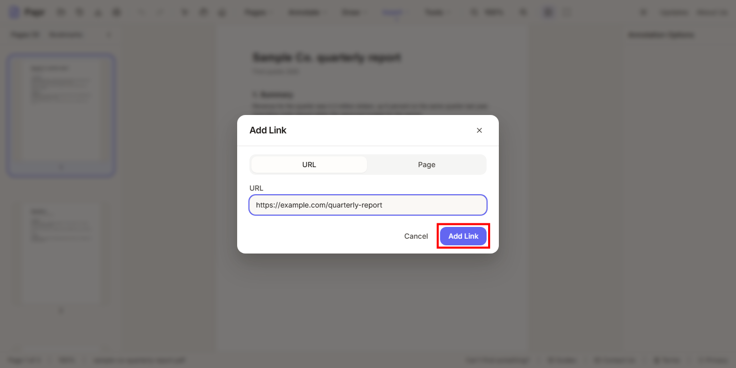 The Add Link dialog with its Add Link button outlined in red.