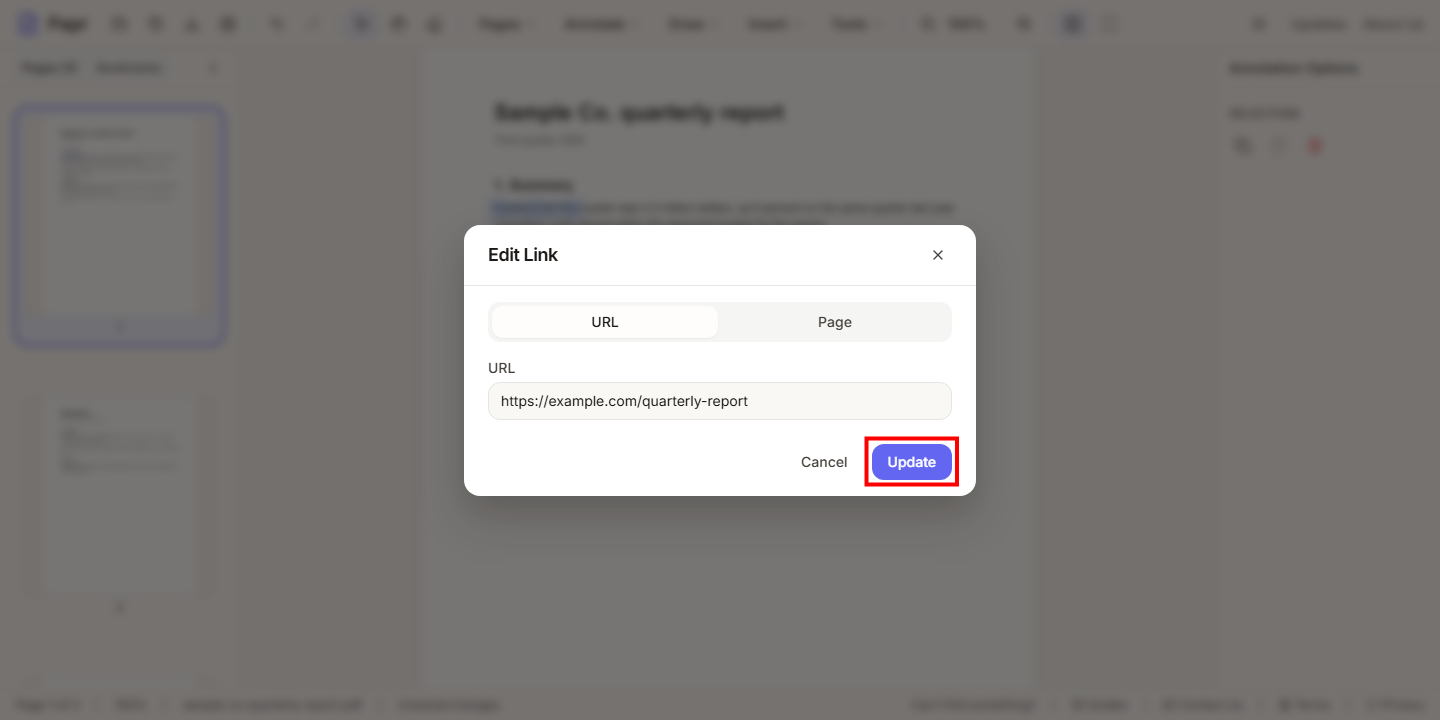 The Edit Link dialog with its Update button outlined in red.
