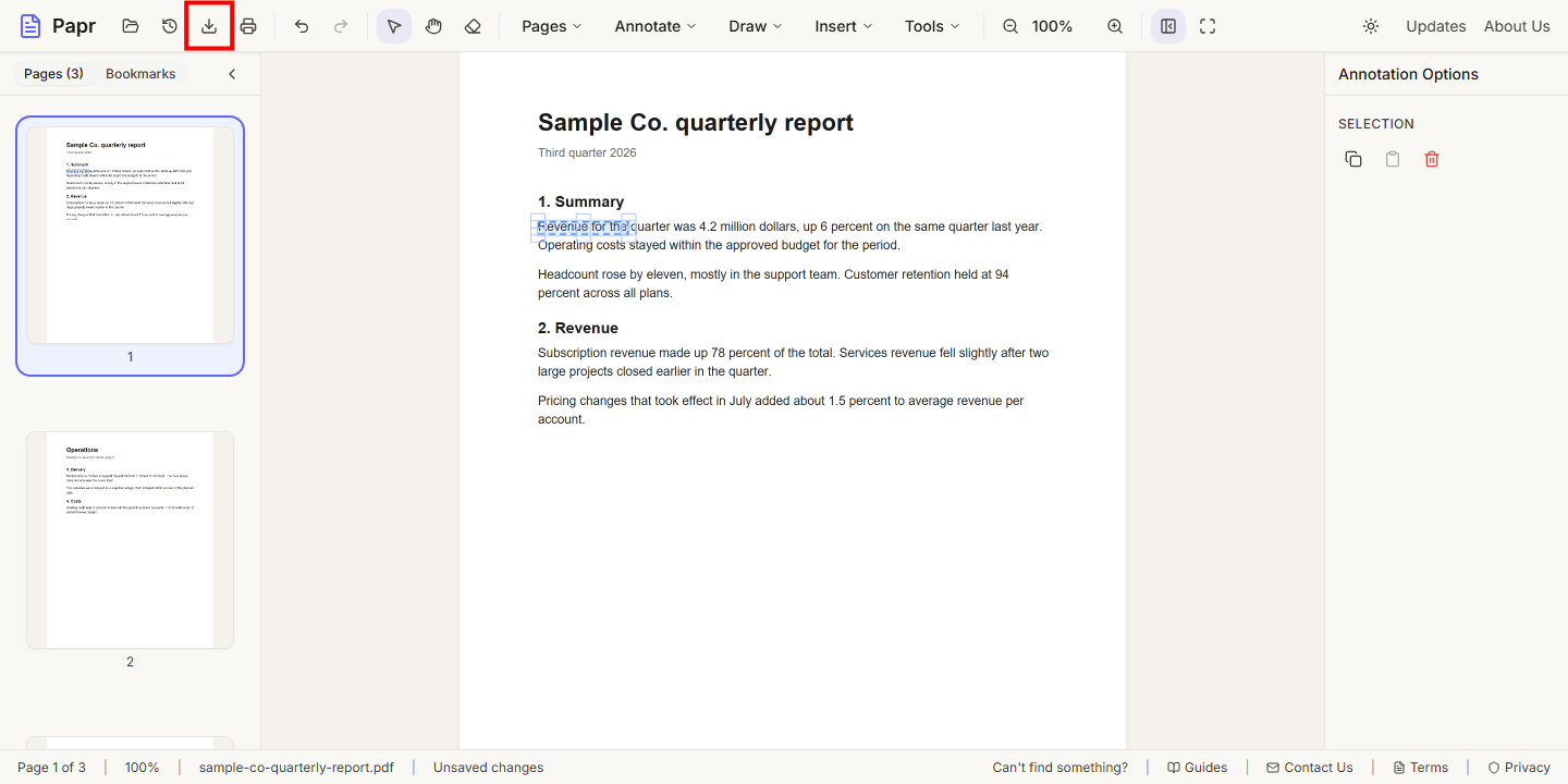 The editor with the Export button in the toolbar outlined in red.