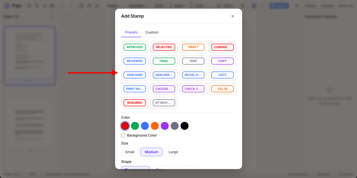 Stamp selection panel showing various preset stamps