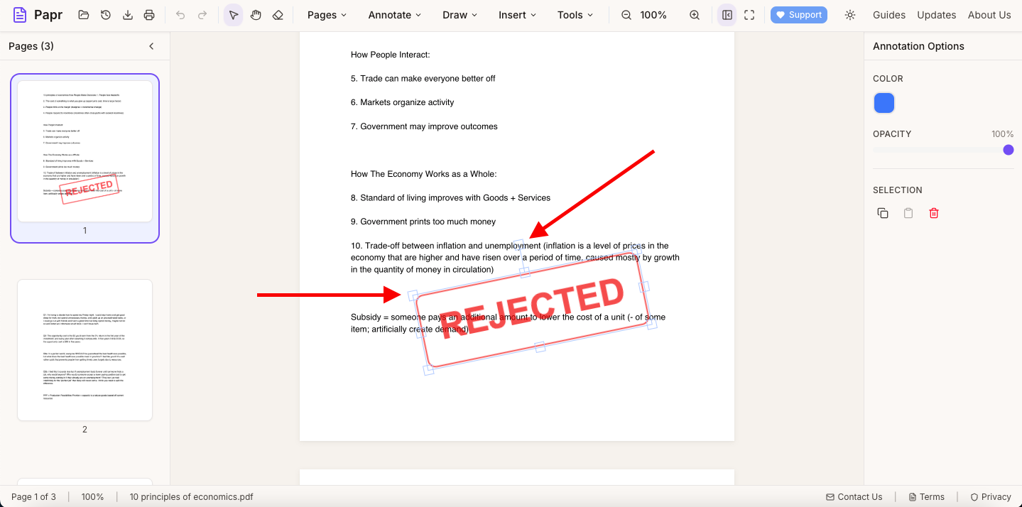Stamp placed on document with resize handles visible