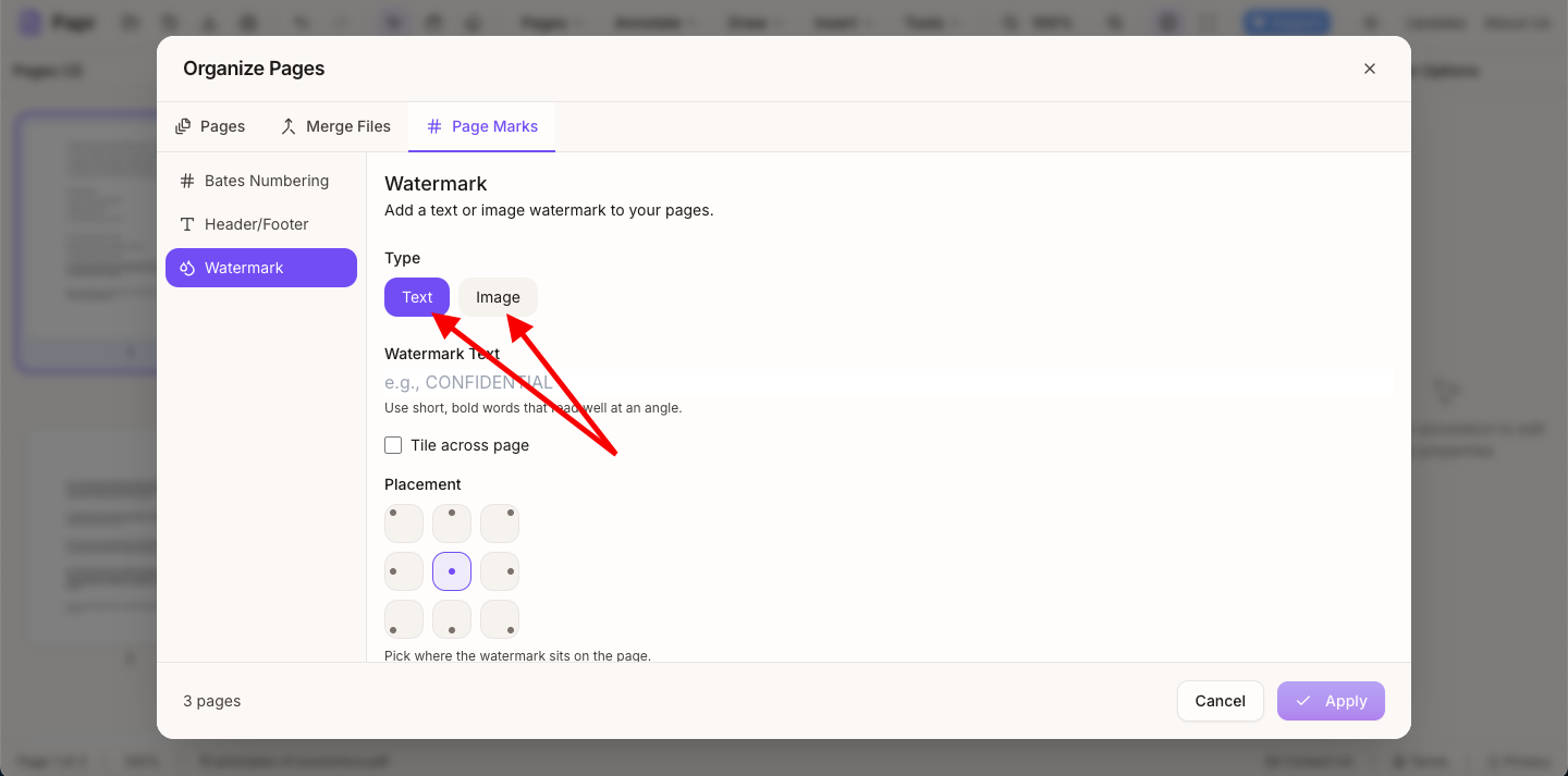 Watermark panel showing text and image watermark options