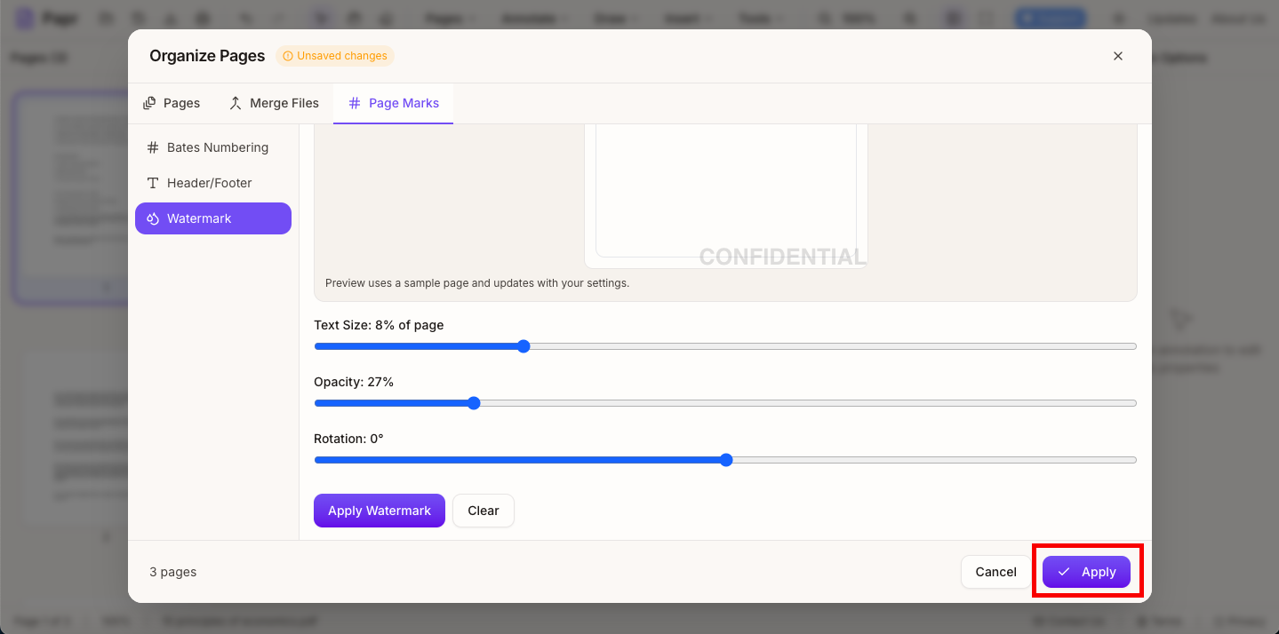 Apply button in Organize Pages modal highlighted
