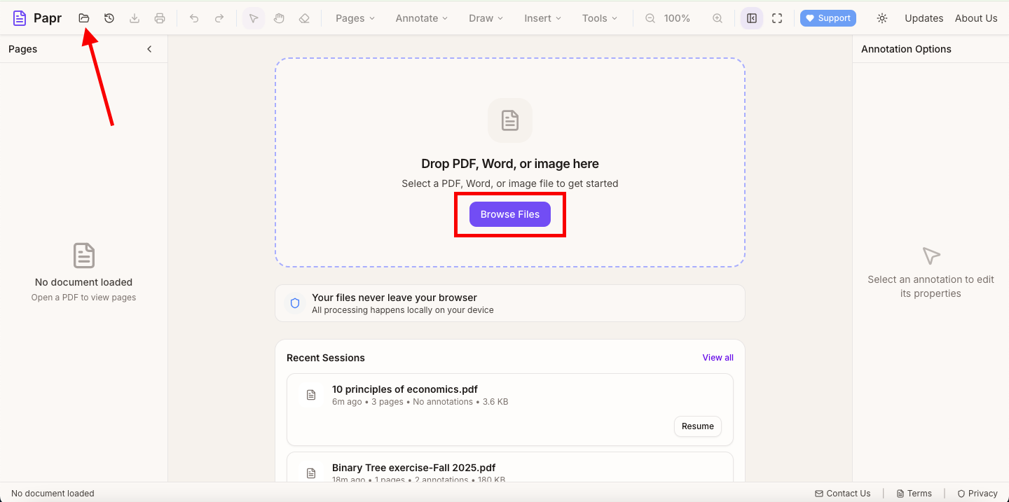 Papr editor with Open file button highlighted