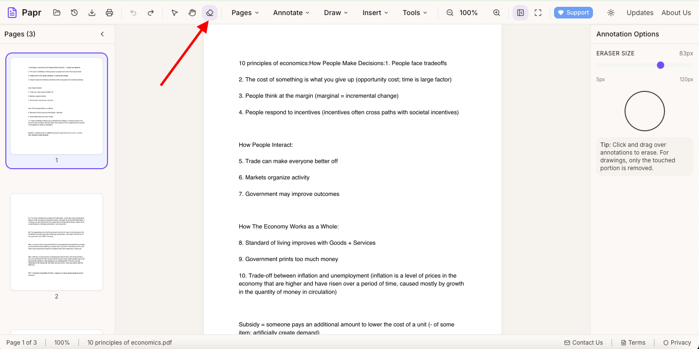 Eraser tool being used to remove an annotation