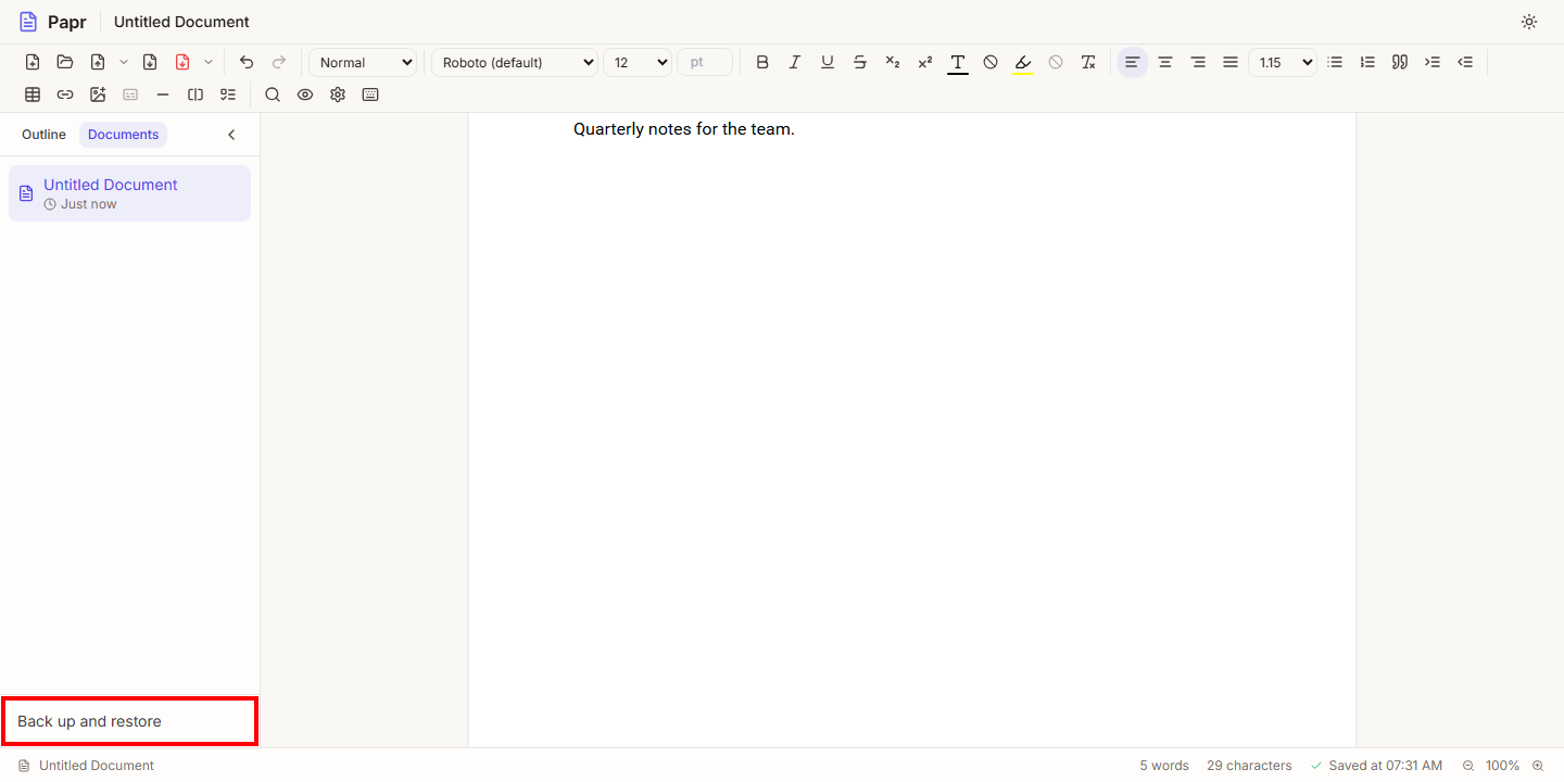 The Documents editor with its sidebar open. Back up and restore, at the bottom of the sidebar, is outlined in red.