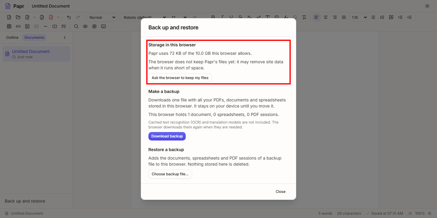 The Back up and restore dialog with the Storage in this browser section outlined in red.