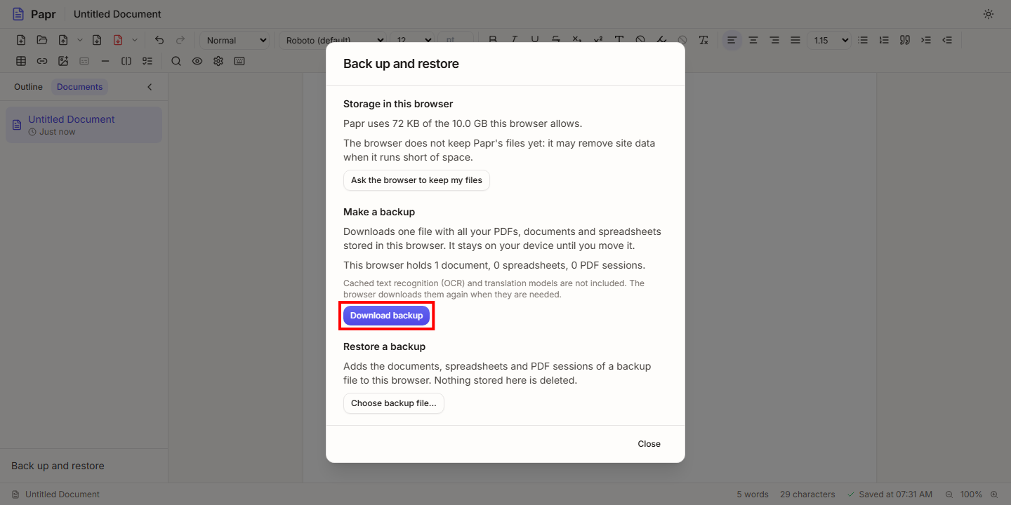 The Make a backup section with the Download backup button outlined in red.