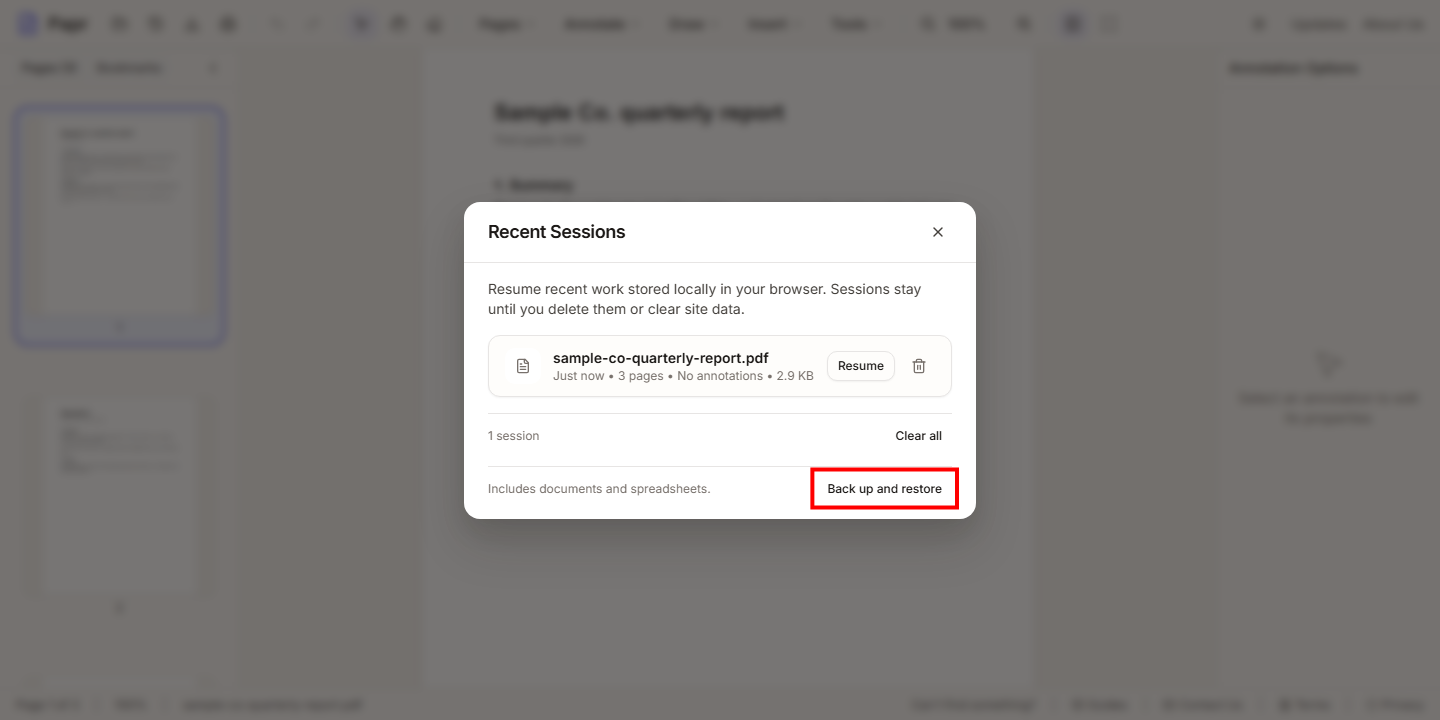 The Recent Sessions dialog with the Back up and restore button outlined in red in its footer.