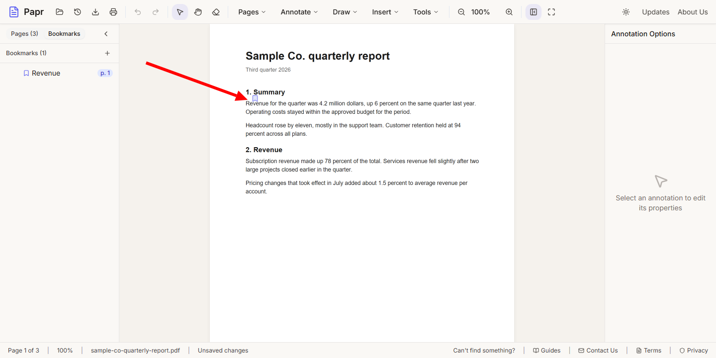 The new bookmark named Revenue in the list. An arrow points at its place on the page.