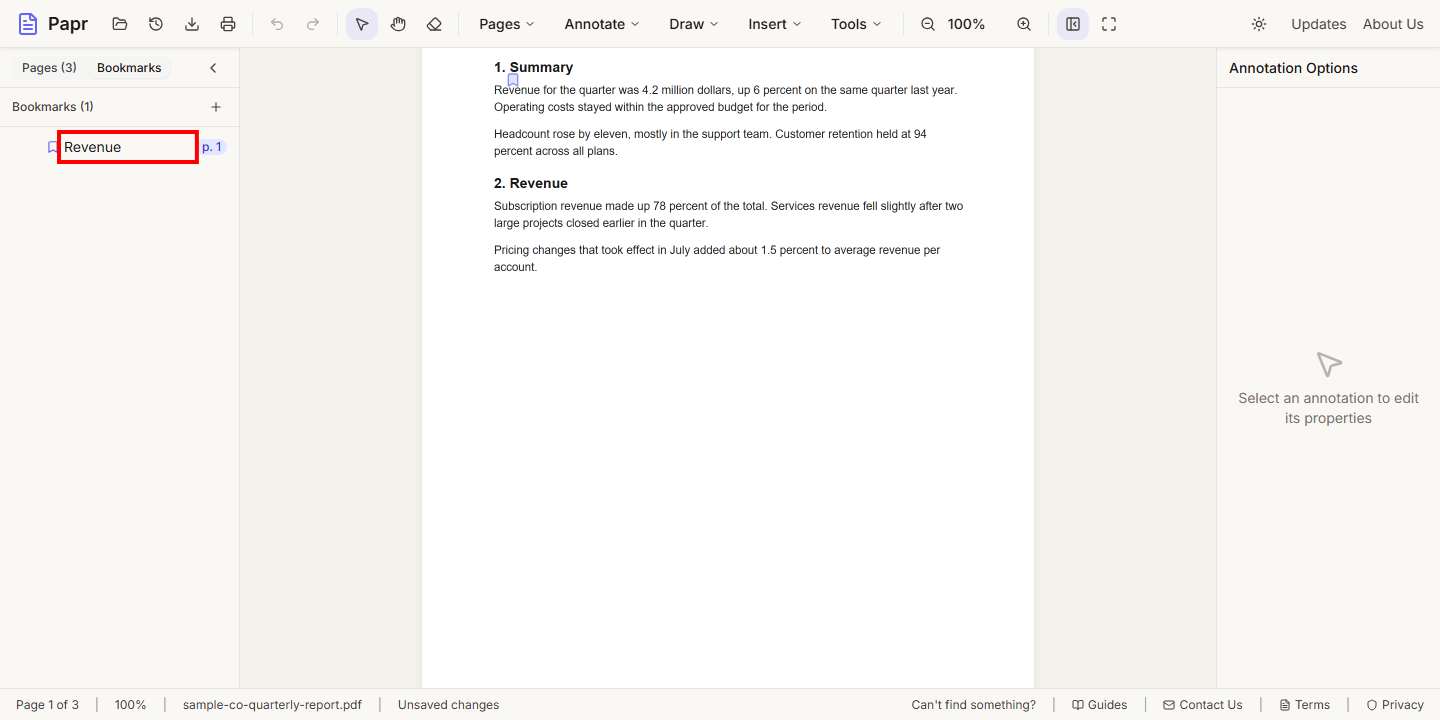 The page scrolled to the bookmark's place, with the bookmark row outlined in red.