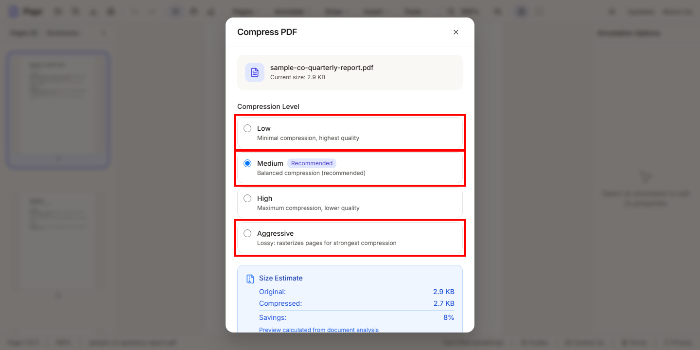 The Compress PDF dialog with its four levels, Low, Medium, High and Aggressive, outlined in red. Medium is selected.