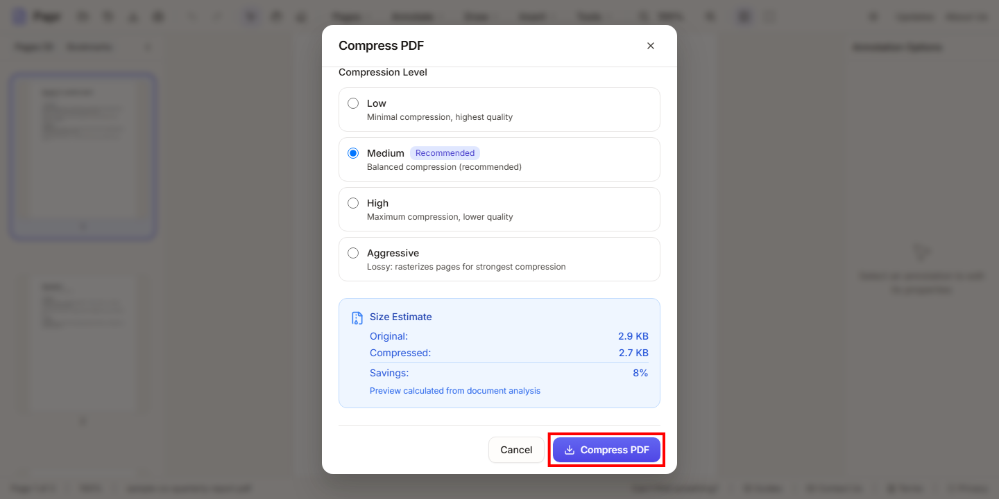 The Compress PDF dialog with its Compress PDF button outlined in red.