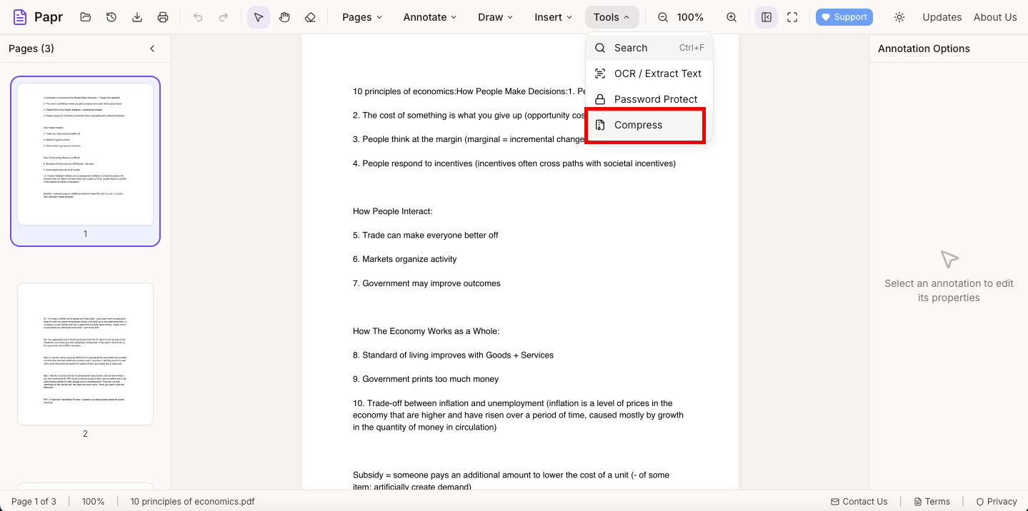 Tools dropdown menu with Compress option highlighted