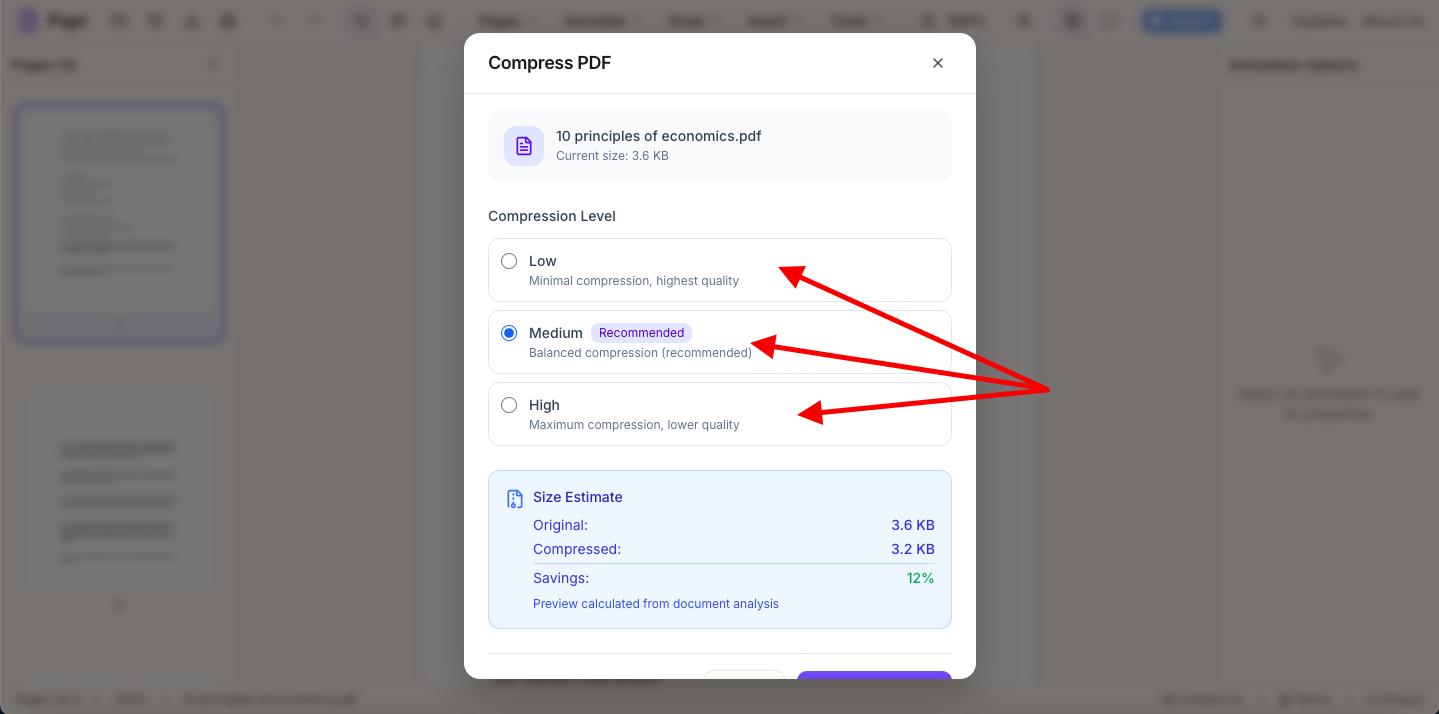 Compression dialog showing quality level options