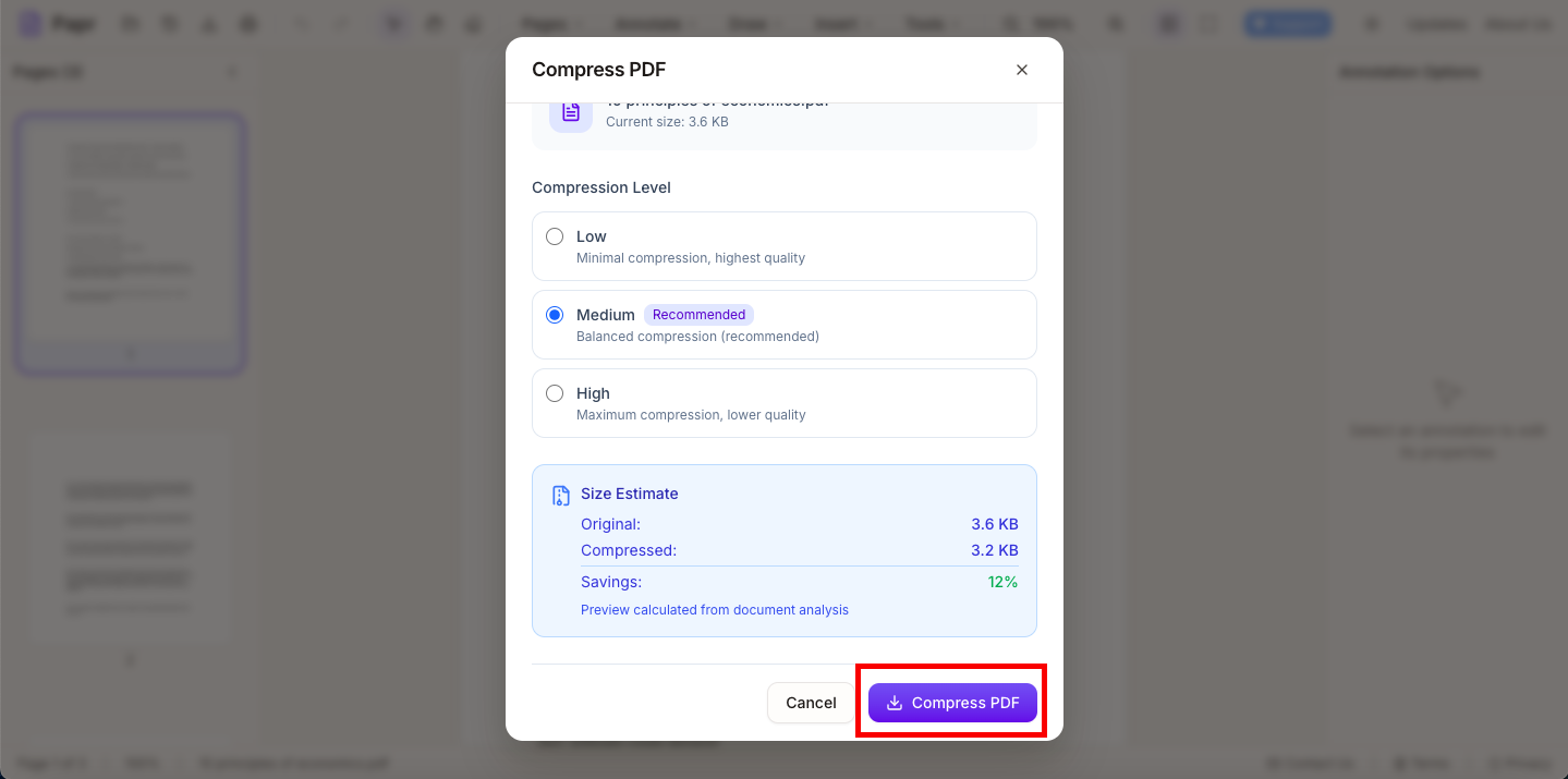 Compress PDF button highlighted in dialog and Export button in toolbar