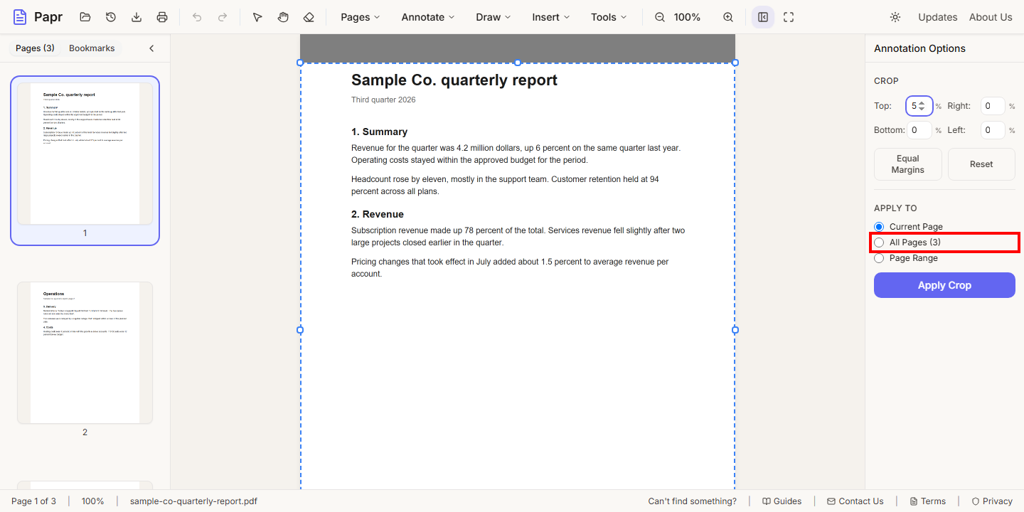 The Apply To options, with All Pages outlined in red.