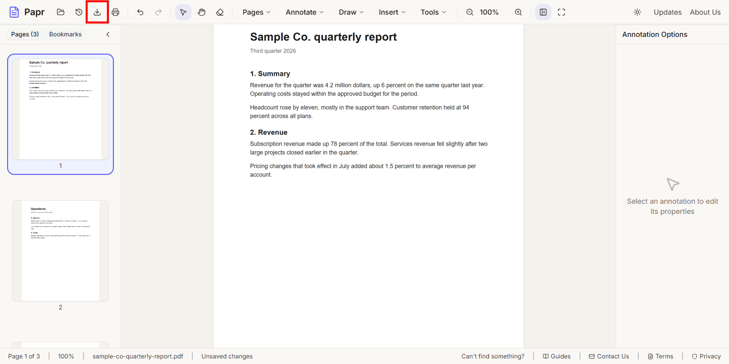 The trimmed page, with the Export button in the toolbar outlined in red.