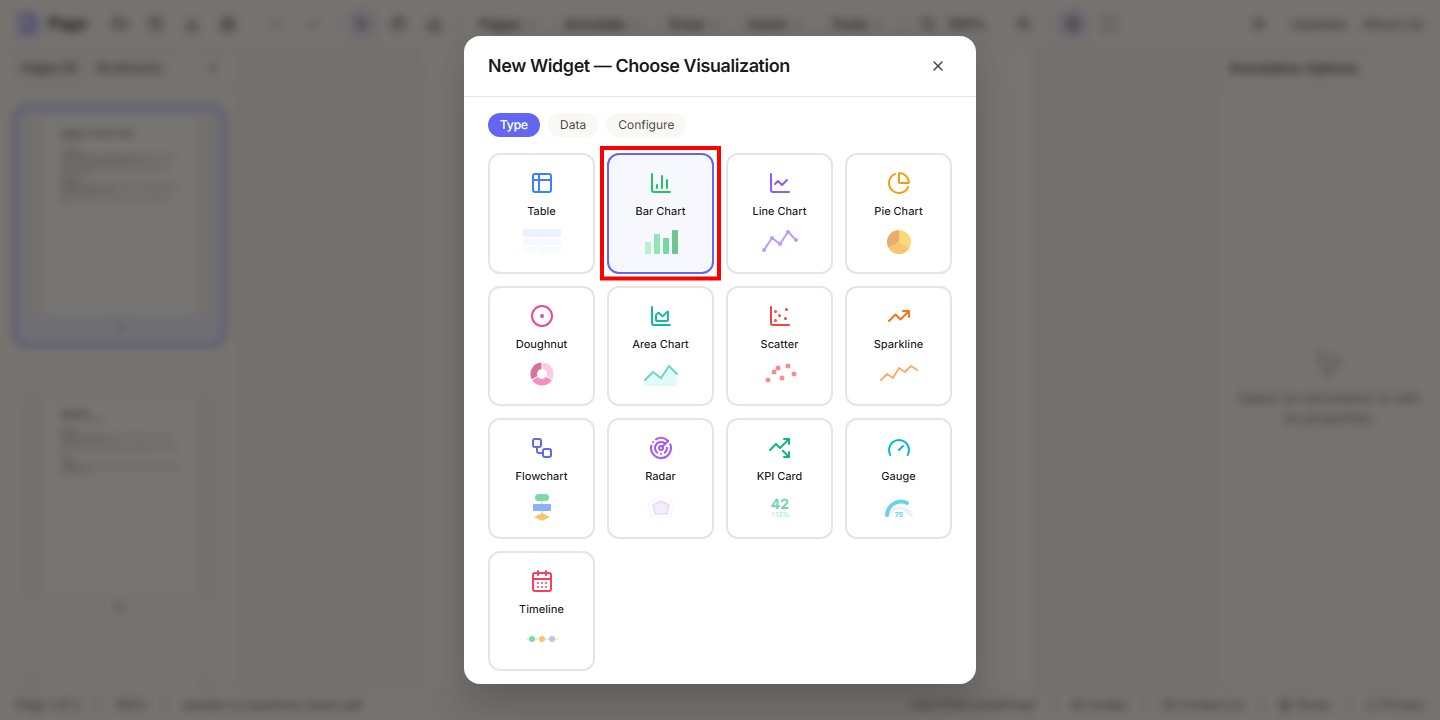 The New Widget dialog with the 13 visualization kinds. Bar Chart is outlined in red.