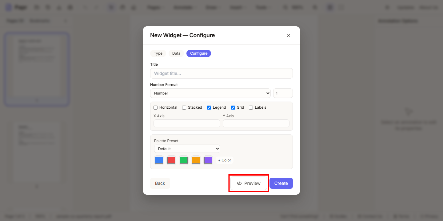 The Configure step of the dialog, with the Preview button outlined in red.