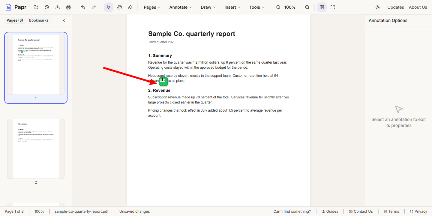 A placed widget, shown as a small green badge on the page, with an arrow pointing at it.
