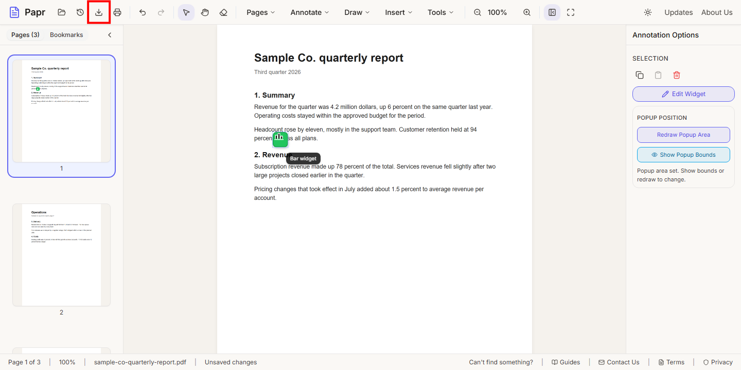 The editor with the Export button in the toolbar outlined in red.