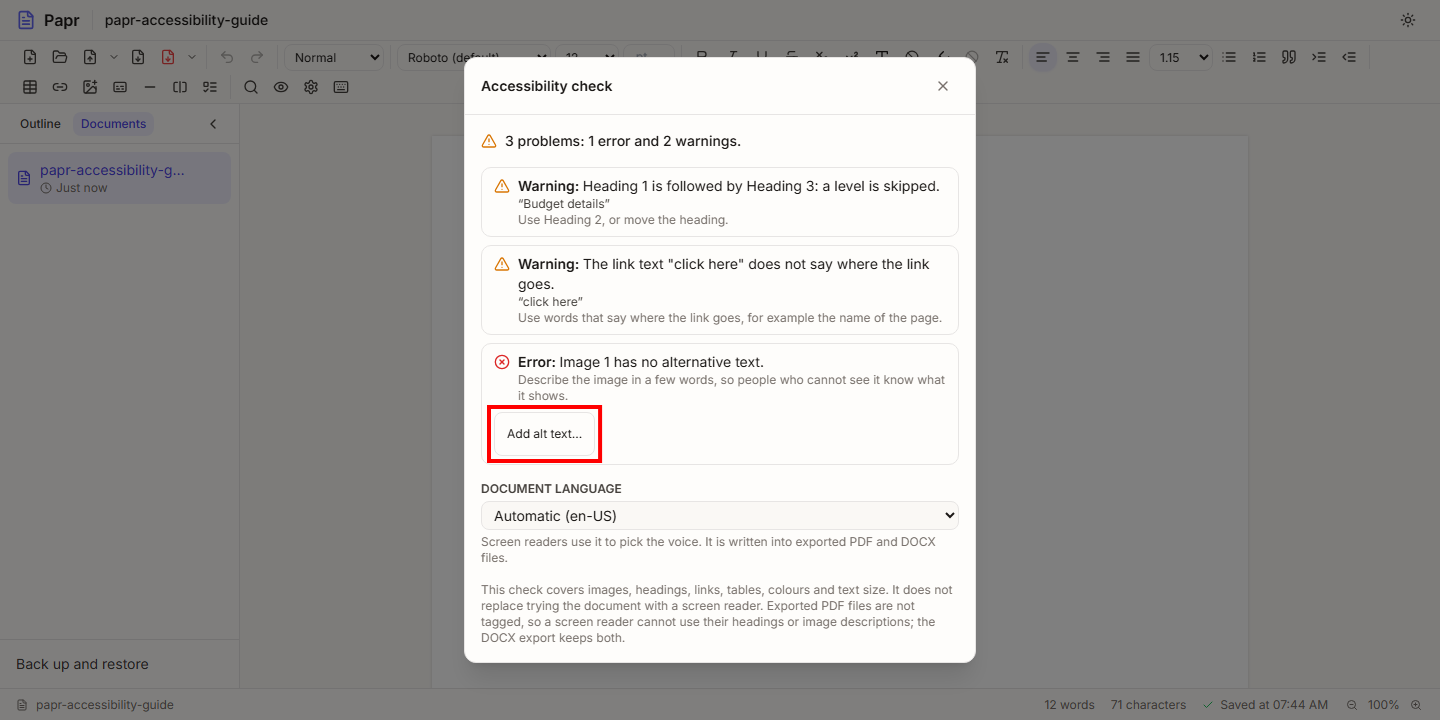 The Accessibility check dialog listing three problems, with the Add alt text button under the picture problem outlined in red.