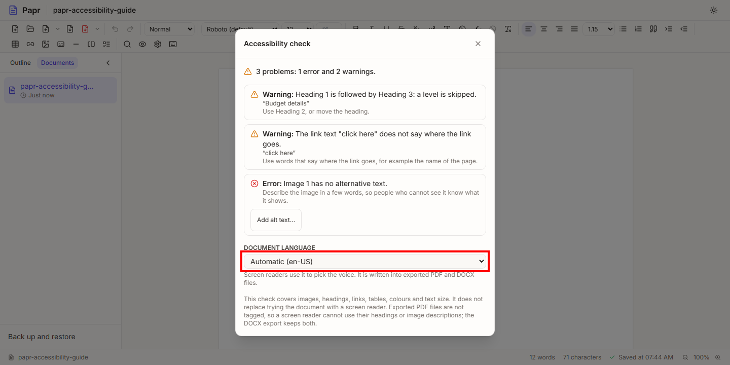 The Document language setting in the Accessibility check dialog, outlined in red, set to Automatic.