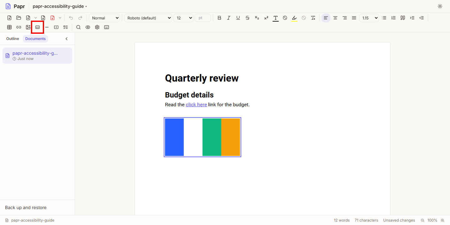 A selected picture in the document, with the Alt text button in the toolbar outlined in red.