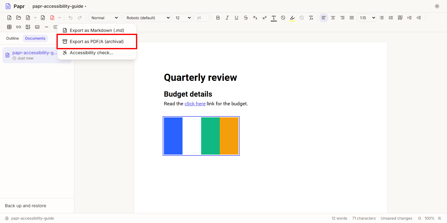 The More export options menu open, with Export as PDF/A (archival) outlined in red.