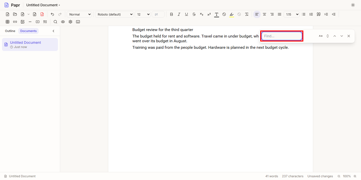The find bar at the top right of the document, with its Find field outlined in red.