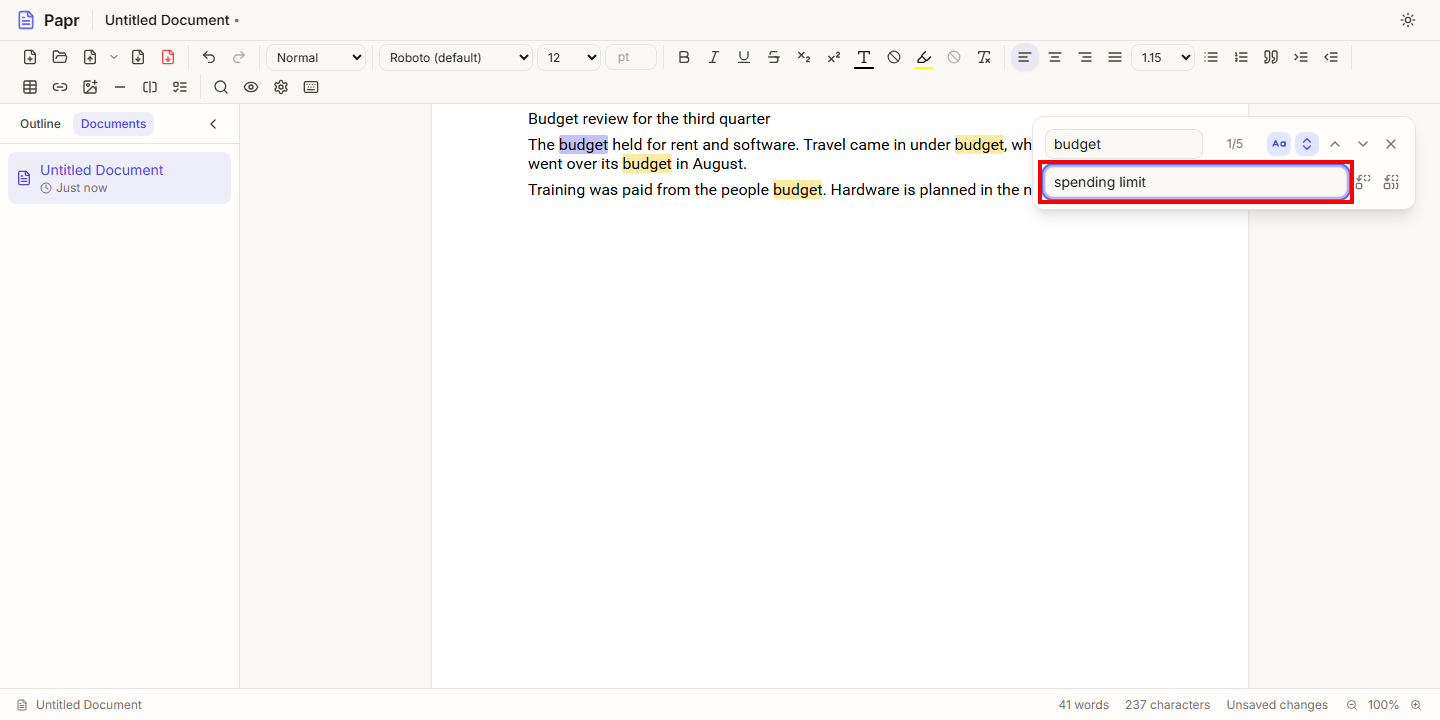 The find bar with the Replace with field outlined in red, holding the new text.