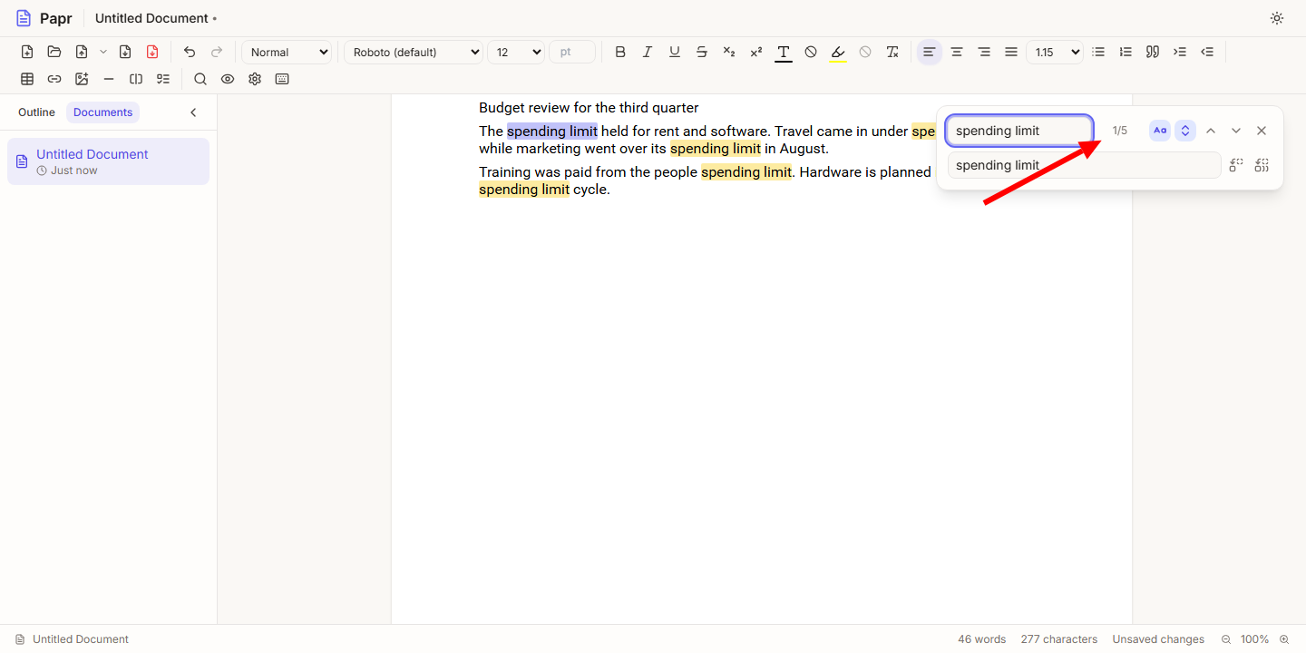 The document with the replaced text, and the find bar showing the count for the new text.