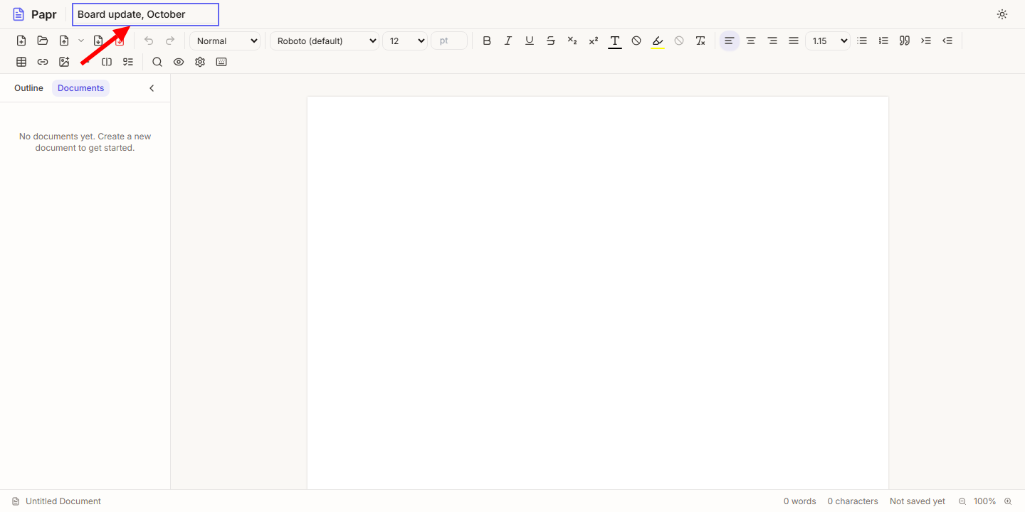 The title field at the top of Papr Docs, with a new name typed in and an arrow pointing at it.