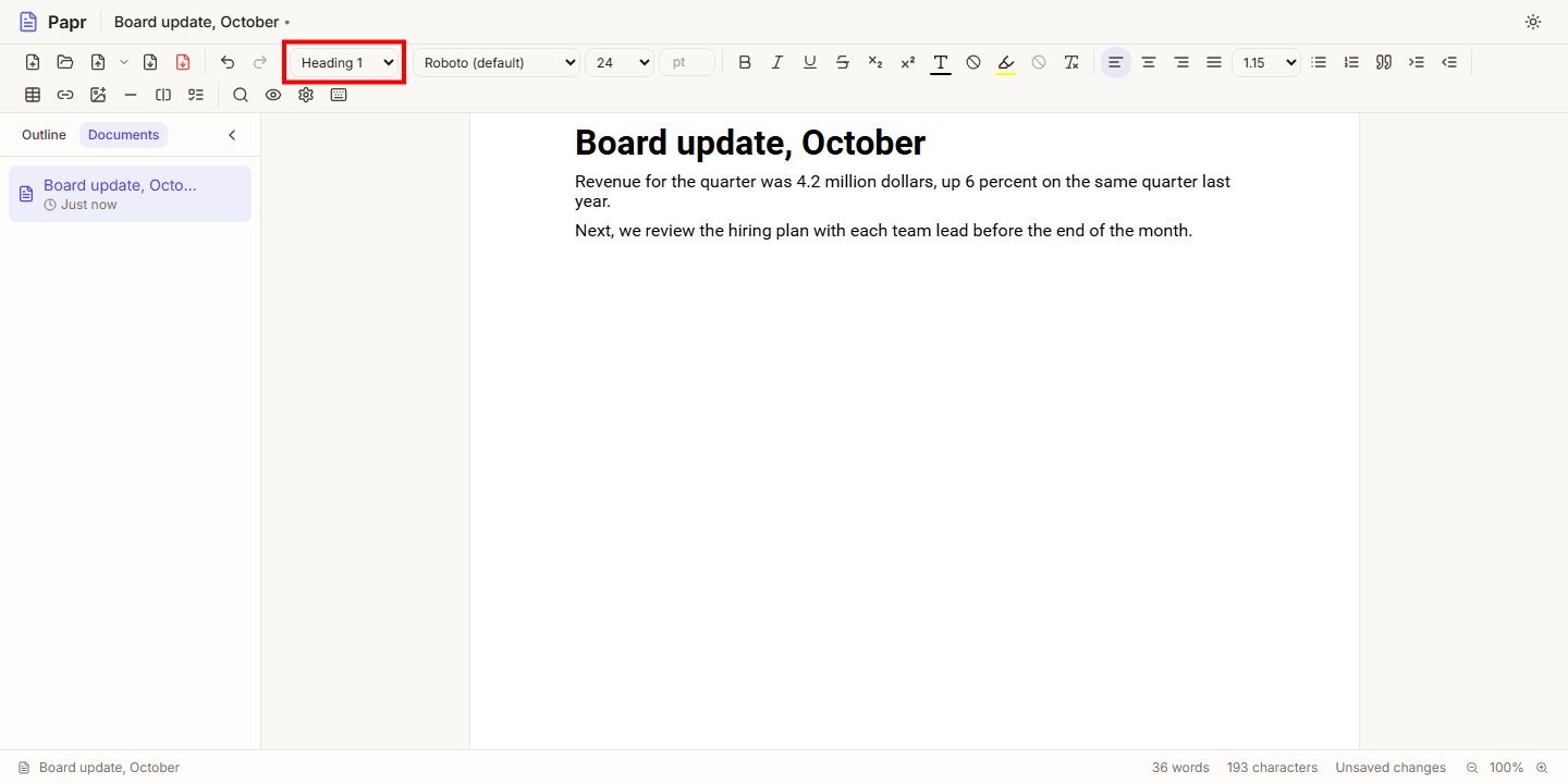 The first line of the document set to Heading 1, with the Text style list outlined in red.
