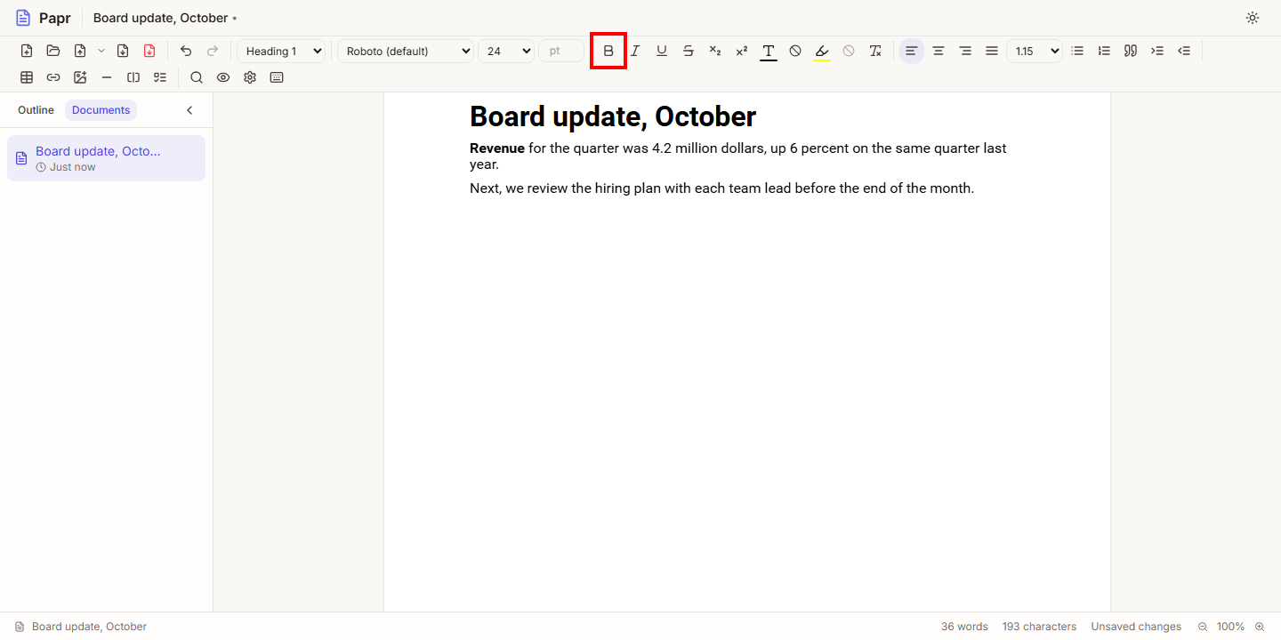 The first word of a paragraph in bold, with the Bold button outlined in red.