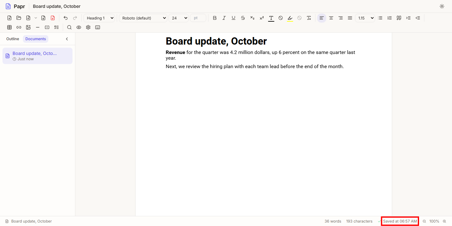 The status bar with the Saved at message outlined in red.