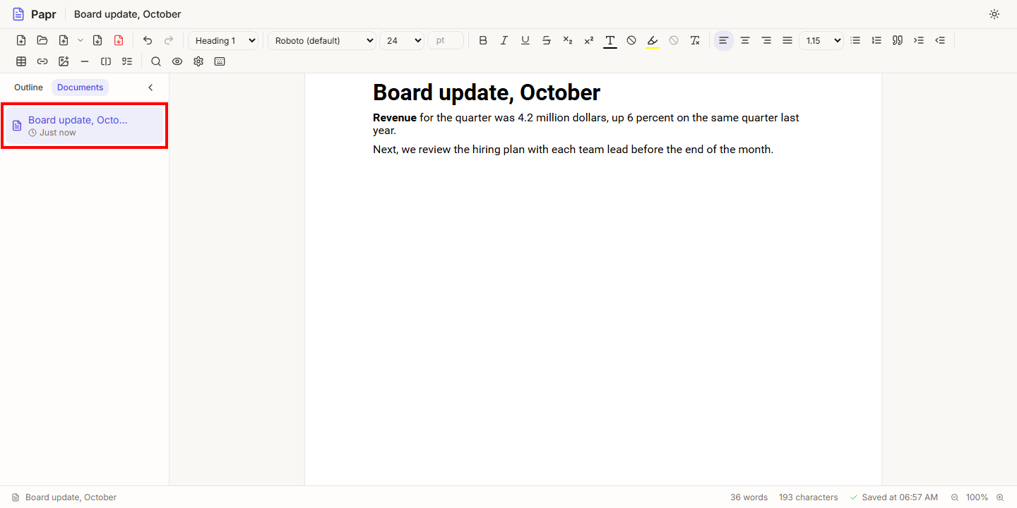 The Documents tab of the sidebar with the open document listed, outlined in red.