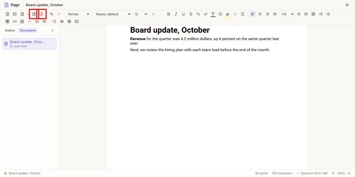 The toolbar with the Export as DOCX and Export as PDF buttons outlined in red.