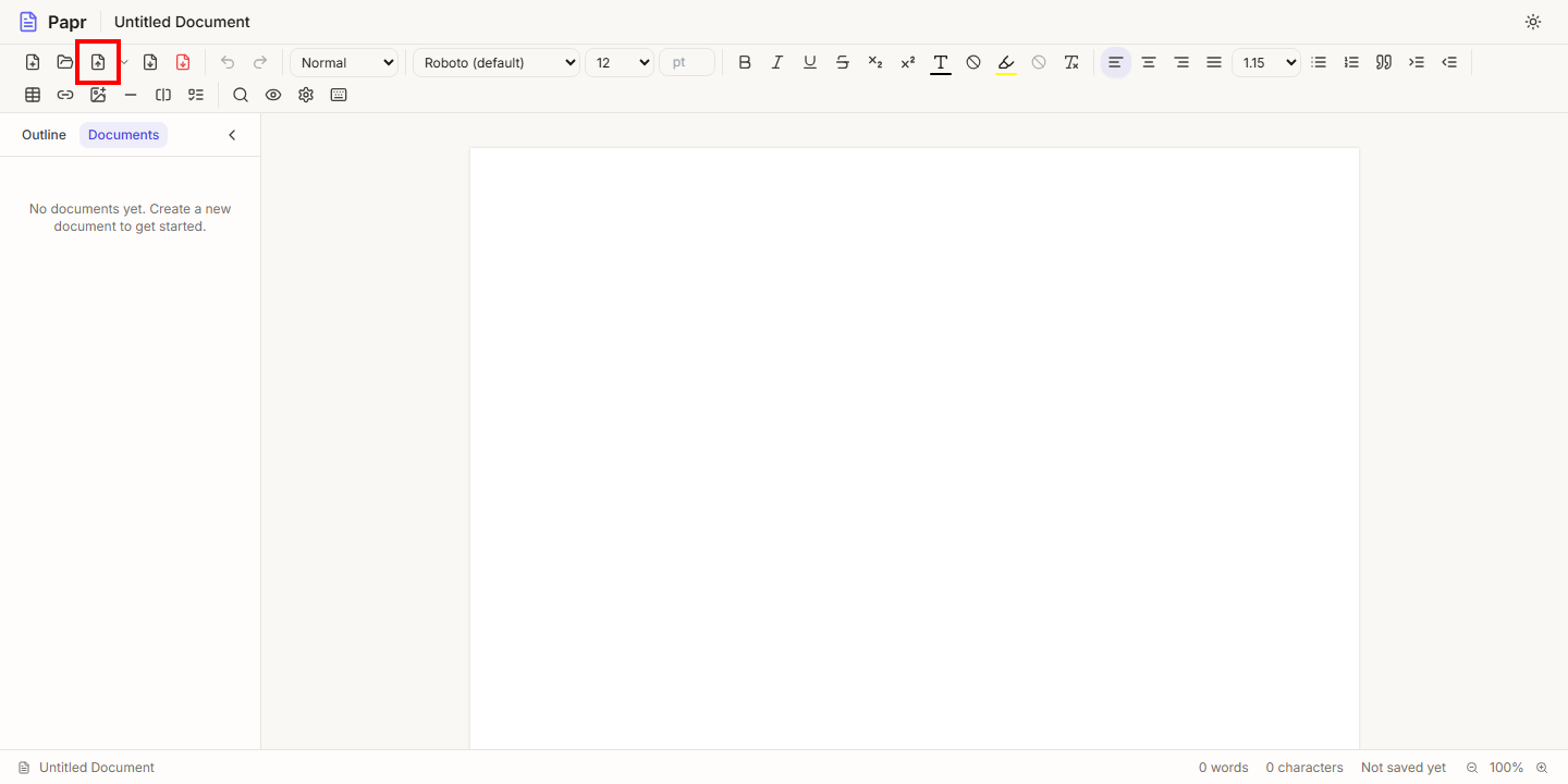 The Papr Docs toolbar with the Import DOCX button outlined in red.